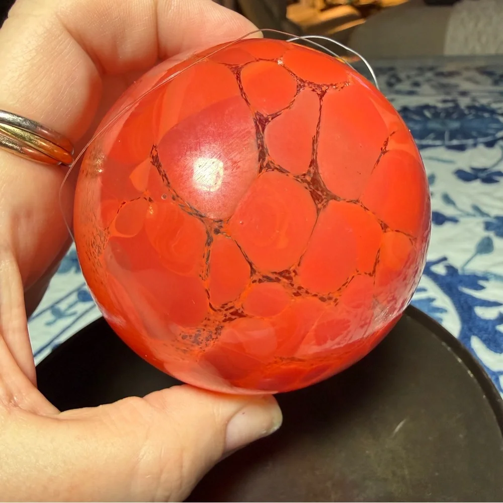 Hand Blown Art Glass Christmas Ornament Red Orange Swirl Speckled Ball Gift 9.5”